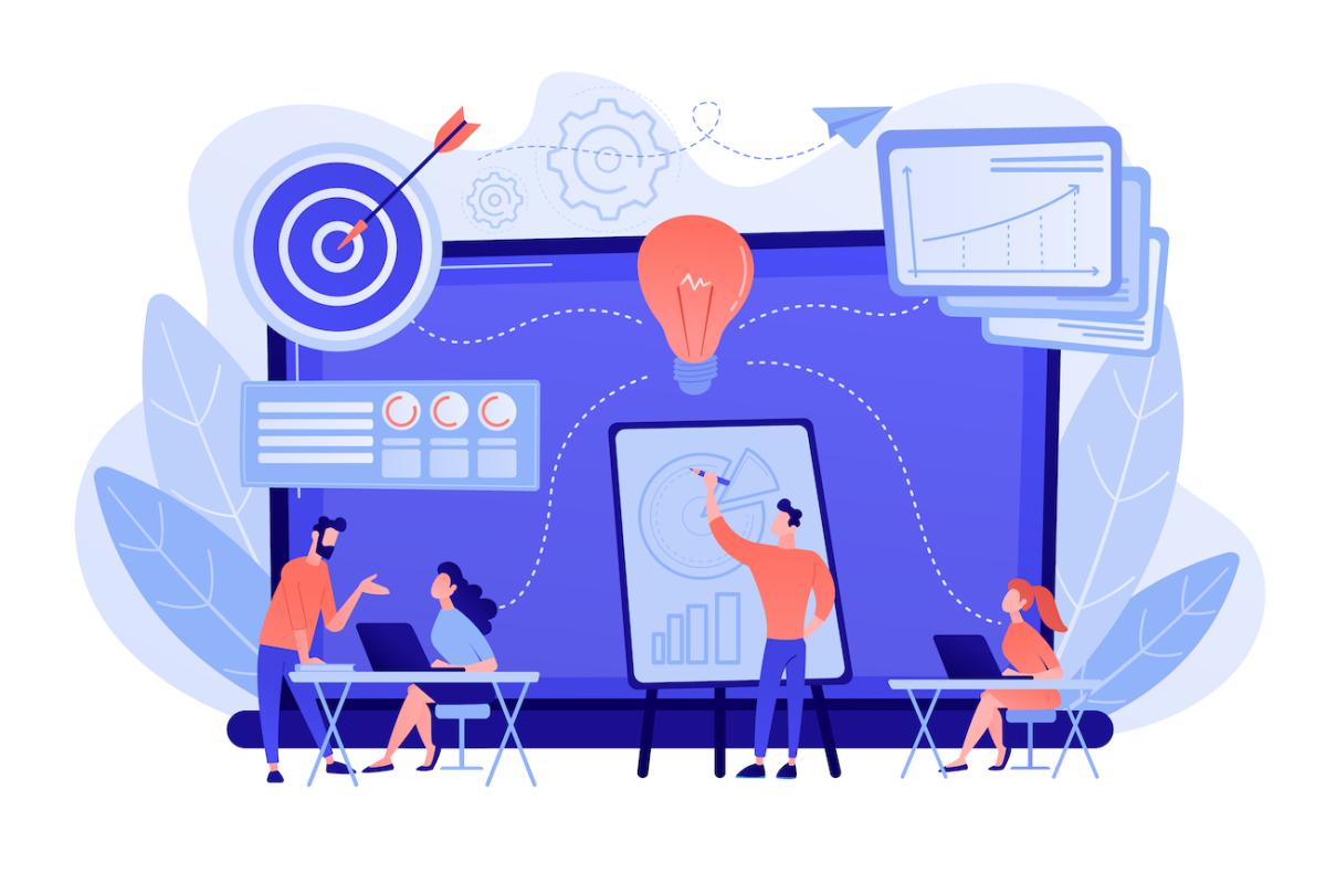 Illustration représentant un groupe de 4 personnes dans un environnement professionnel