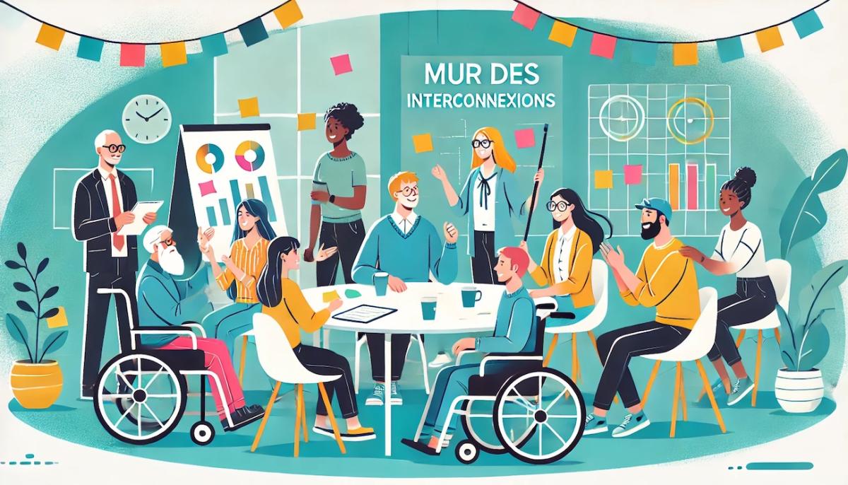 Groupe de personnes valides et en situation de handicap échangeant ensemble sous la mention mur des connexions