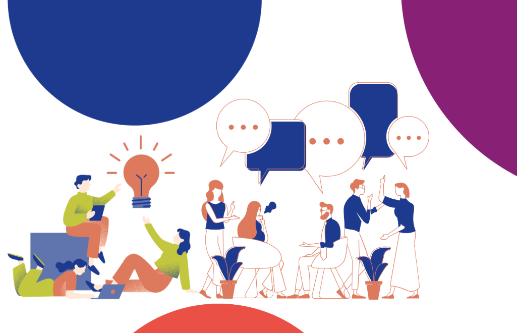 Illustration représentant des personnages qui échanges les uns avec les autres debout ou assis