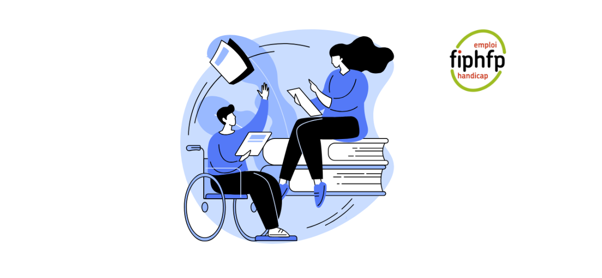illustration d'un jeune en situation de handicap et d'une personne assise sur des livres qui échanges
