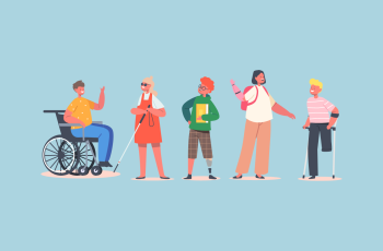 cinq personnages présentant des handicaps différents